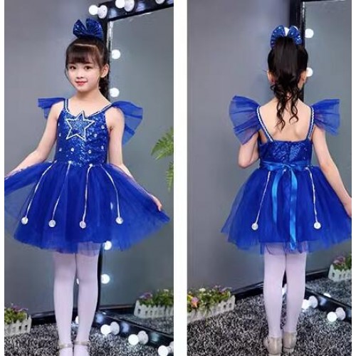 Girls toddlers baby royal blue sequins jazz dance dress princess tutu skirts ballet dance costumes  for kids children 